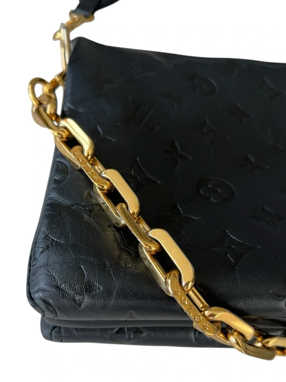 Louis Vuitton Coussin PM Black Embossed Monogram Crossbody with Gold Chain